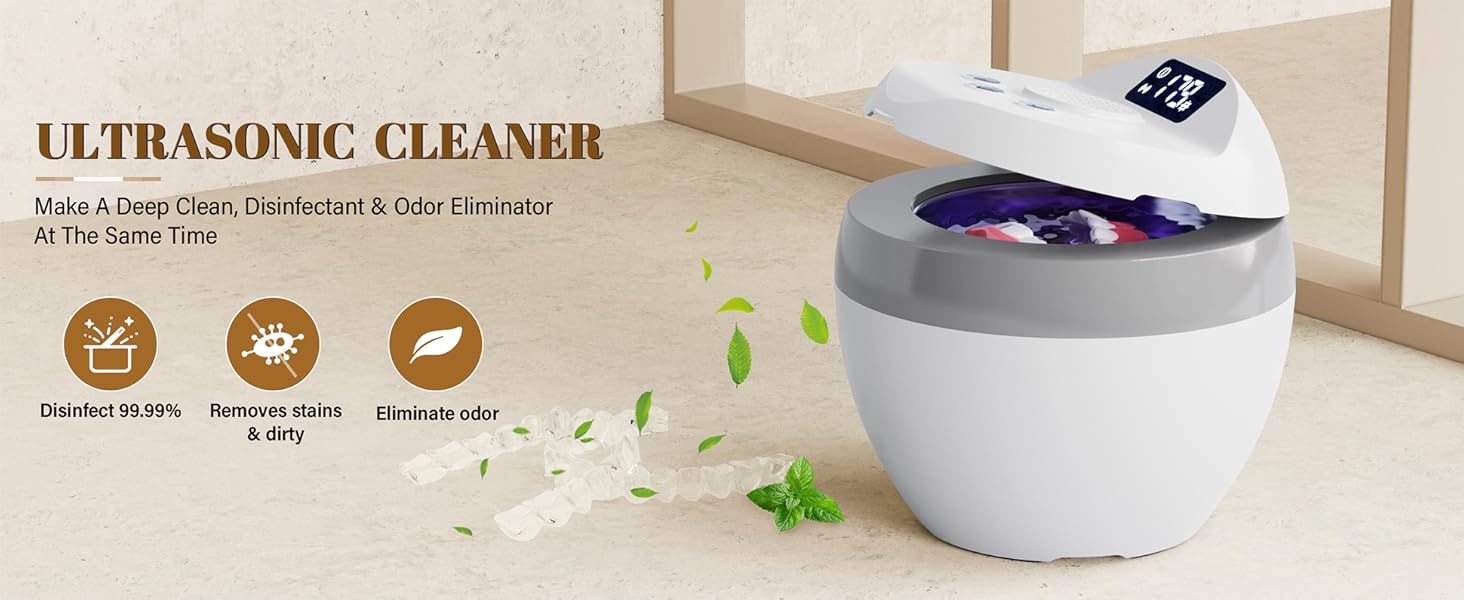 White, dome-shaped ultrasonic cleaner device with digital display. Product features listed include deep cleaning, high-frequency vibration, and 30-minute timer.
