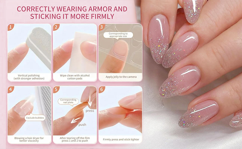 Step-by-step tutorial showing nail care application process, followed by finished manicure with glitter-gradient pink nails in almond shape.