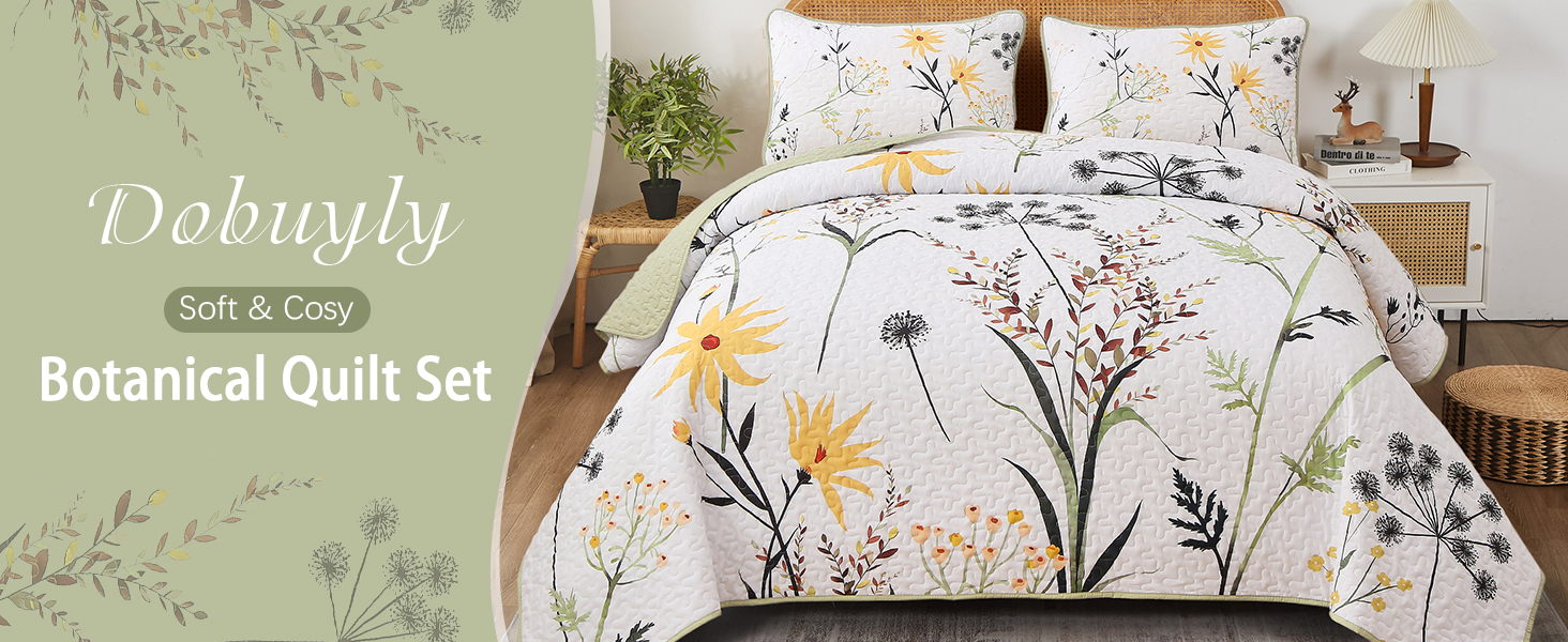 Dobuyly Floral Quilt Set King Size, White Botanical Flower