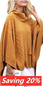 Turtleneck Batwing Sleeve Asymmetric Knitted Poncho Pullovers Sweater