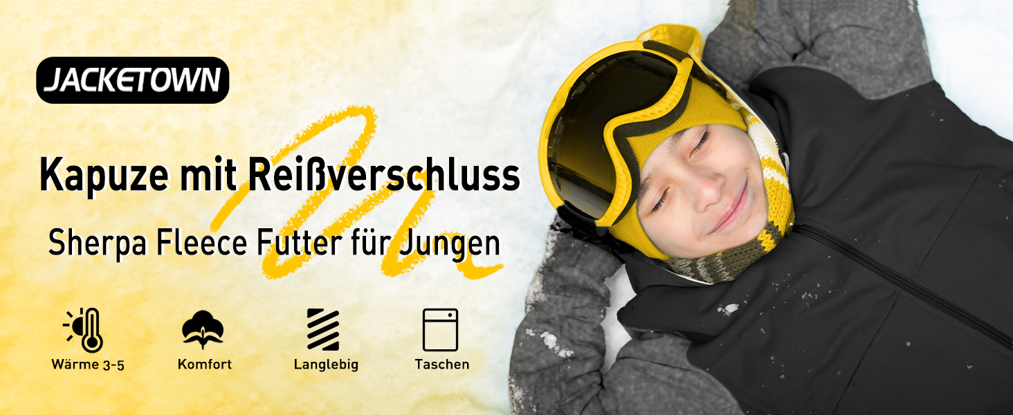 Das Produktbild der Winterjacke zeigt einen schwarzen Mantel mit gelben Zierdetails. Markenname Jacketown sichtbar mit deutschem Text, der die Merkmale beschreibt