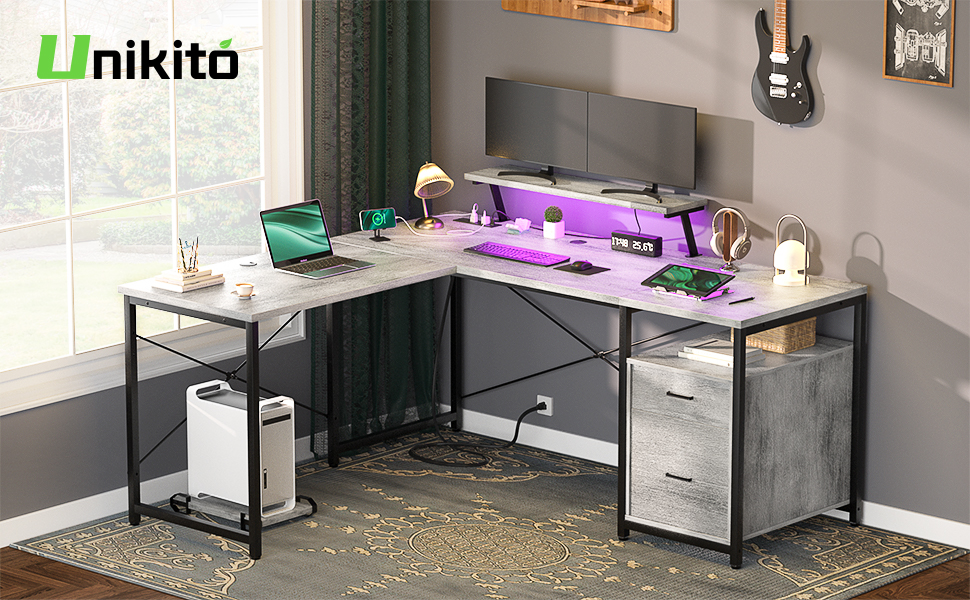Unikito L Shaped Desk with File Drawer & Power Outlet, Reversible LShaped Corner