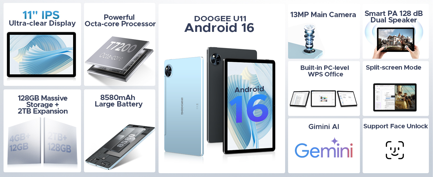 Text reads 'Android 16' with product feature icons showing camera specs, display details, and Gemini branding. Shows smartphone with blue gradient back panel.