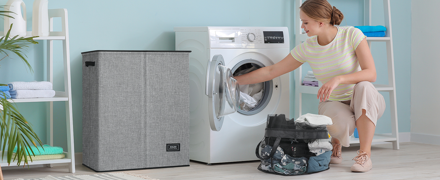 SOLEDI Double Laundry Basket with Lid, Washing Basket with Removable
