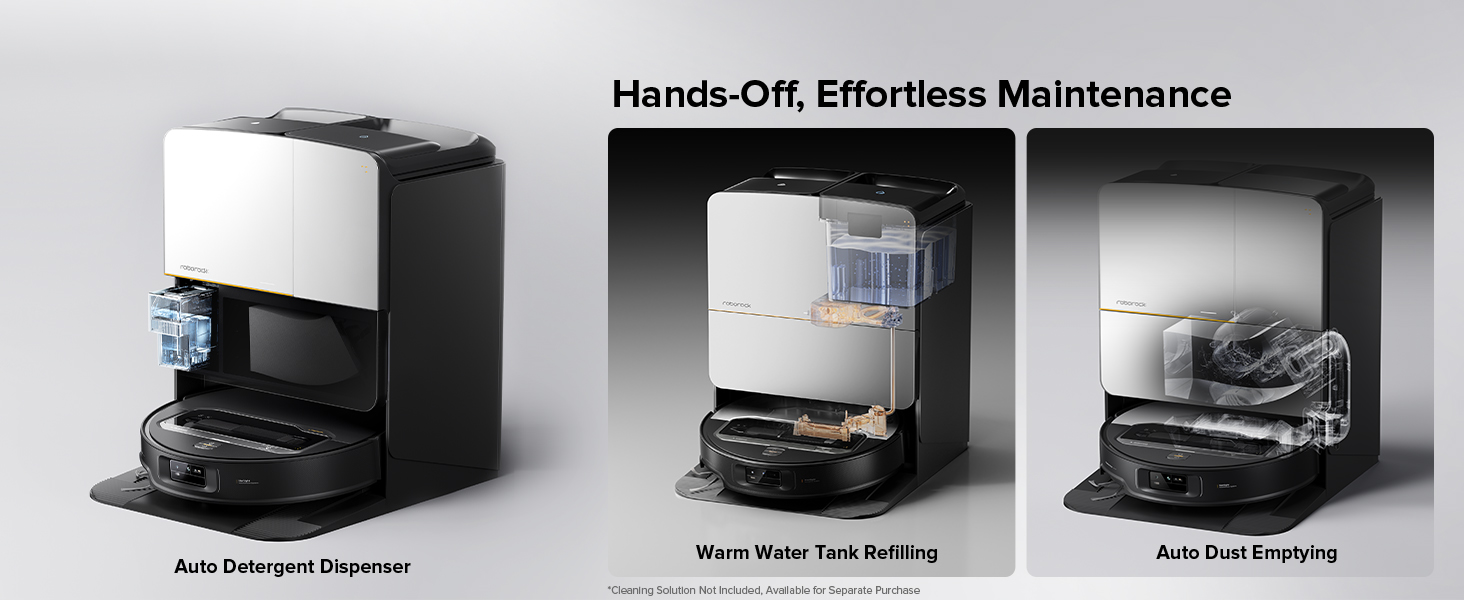 Coffee machine with three panels showing maintenance features: auto detergent disposal, warm water tank refilling, and auto dust emptying. White and black design with transparent components visible.