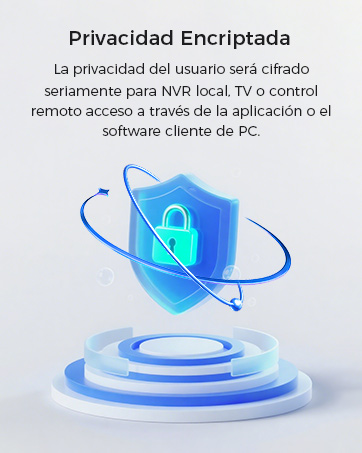 El texto dice: «Privacidad encriptada». La imagen muestra el icono de un escudo azul brillante con el símbolo de un candado y anillos orbitales, que representan las funciones de seguridad cifradas.