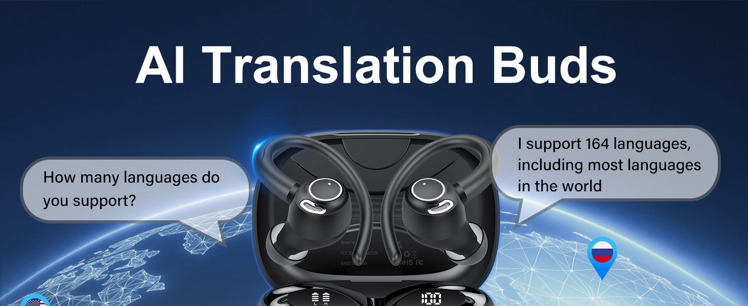 Text reads 'AI Translation Buds'. Marketing image showing black wireless earbuds with Earth background, suggesting language translation functionality.