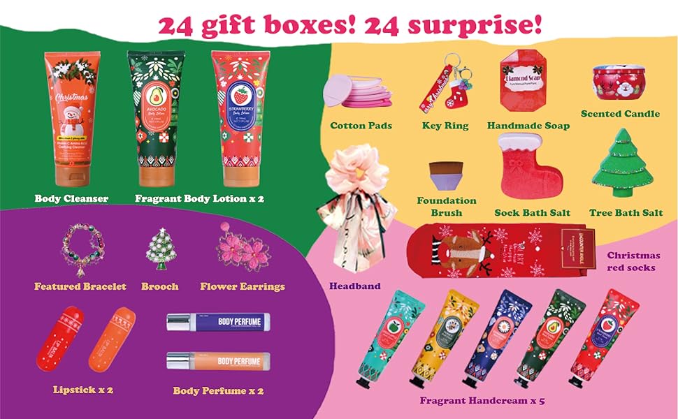 Text reads '24 gift boxes! 24 surprise!' Colorful holiday-themed product lineup showing various festive packages and gift boxes arranged in rows against pink and green background.