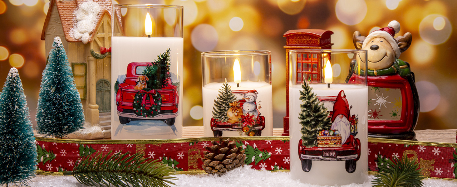 Eywamage Red Truck Glass Flameless Candles with Remote, Flickering LED