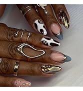 IMRAIN Medium Almond Press on Nails - Golden Chrome & Amber Pattern Designs, French Tip Handmade ...