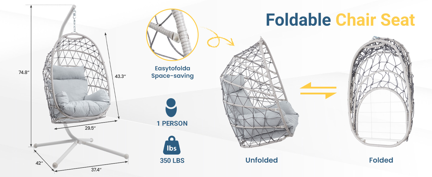 RoyalCraft Hanging Egg Chair Outdoor Swing Chair with Stand, Hammock Chair Indoor, Patio Boho Wicker Hanging Chair with Stand 350lbs Capacity for Garden, Balcony, Bedroom, Beige & Gray 18 EGG CHAIRS