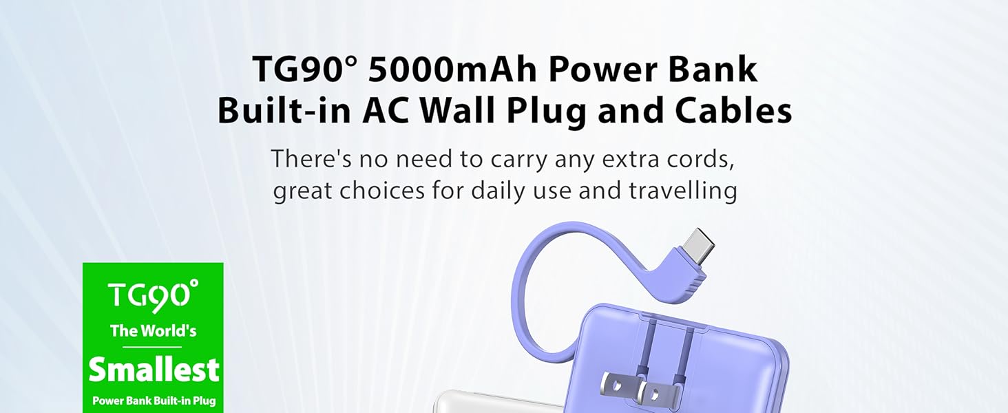 TG90 5000mAh portable charger power bank built in cables and ac wall plug