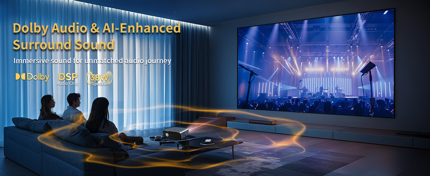 Concert or event venue with blue lighting and professional audio equipment setup. Multiple speaker systems and lighting rigs visible in performance space.