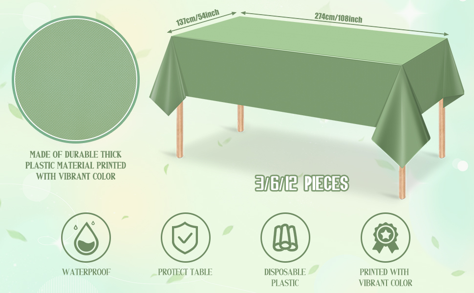6Pack Sage Green Plastic Tablecloths for Rectangle Tables