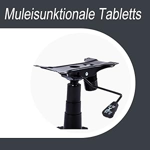 Zwarte multifunctionele tablethouder met verstelbare arm en afstandsbediening, ontworpen voor veelzijdige positionering en gebruik.