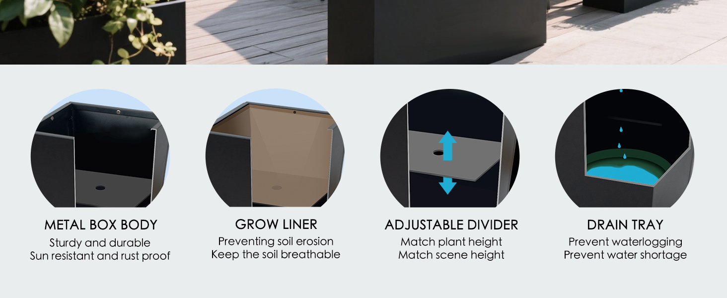 All-in-one solution: rustproof metal, breathable liner, adjustable height, and smart drainage.