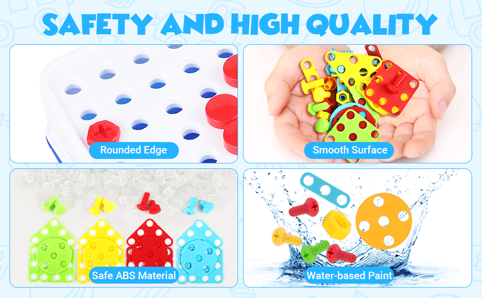 Text reads 'SAFETY AND HIGH QUALITY'. Four-panel product safety feature demonstration showing rounded edges and silicone surface of children's products.