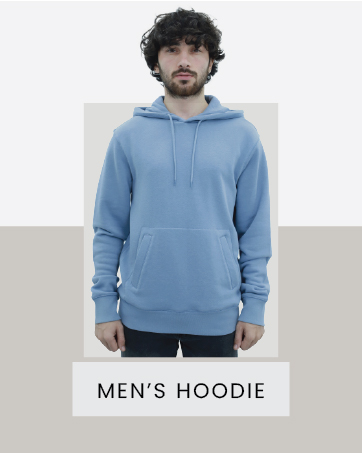 Light blue pullover hoodie with front kangaroo pocket and drawstring hood. Product labeled as "MEN'S HOODIE" in minimalist product presentation.