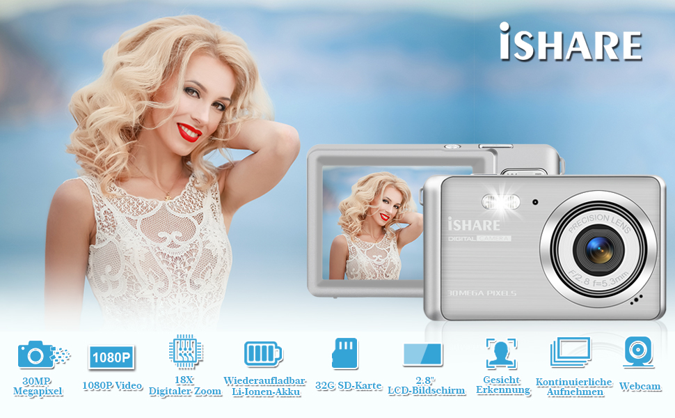 ISHARE Digital Camera for Beginners 30MP 1080P 18X Digital Zoom 2.8