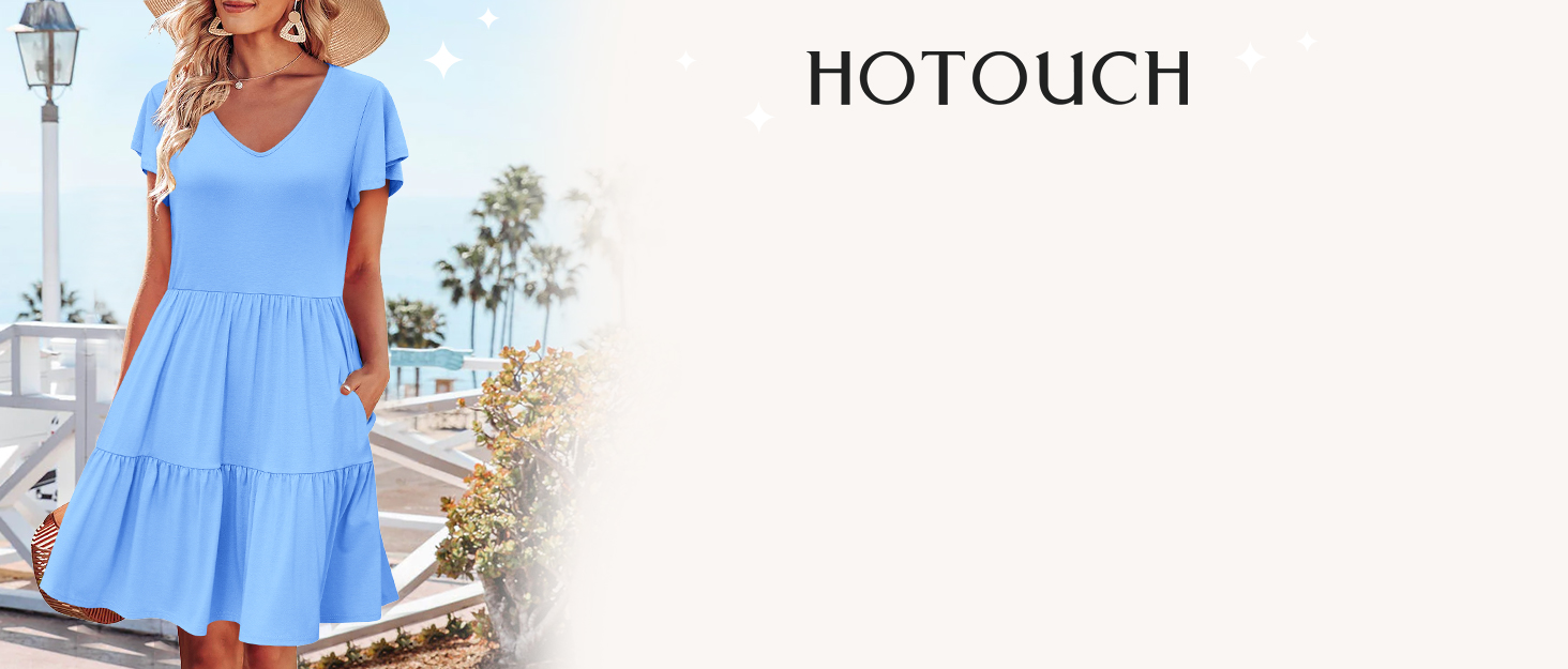 Women's Casual Cotton Dresses Ruffle Hem V Neck Flare Short Tiered Dress with Pockets