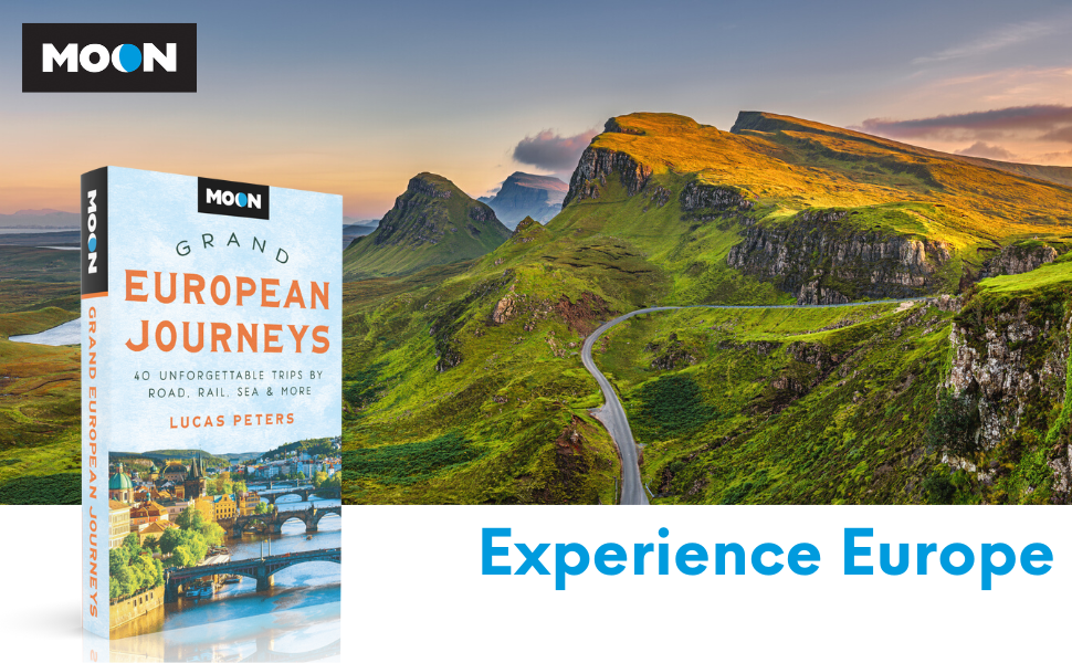 Image of craggy lush green valley at sunset with text reading Experience Europe