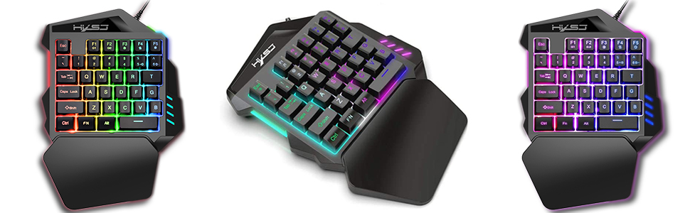 Three one-handed gaming keypads with RGB backlit keys. Each keypad has an ergonomic design with a wrist rest and features programmable buttons in a compact layout optimized for gaming.