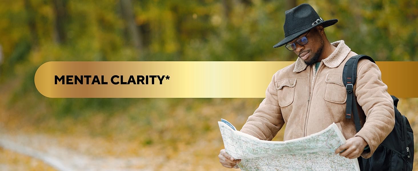 Memory improvement text with man in black hat looking at a map in the forest