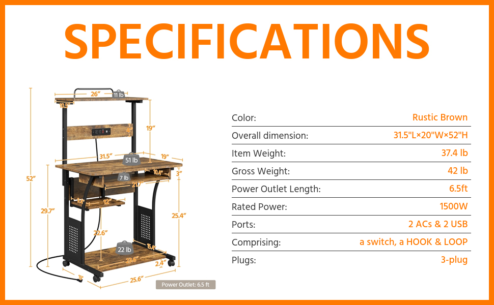 Yaheetech 3 Tiers Rolling Computer Desk on Wheels with