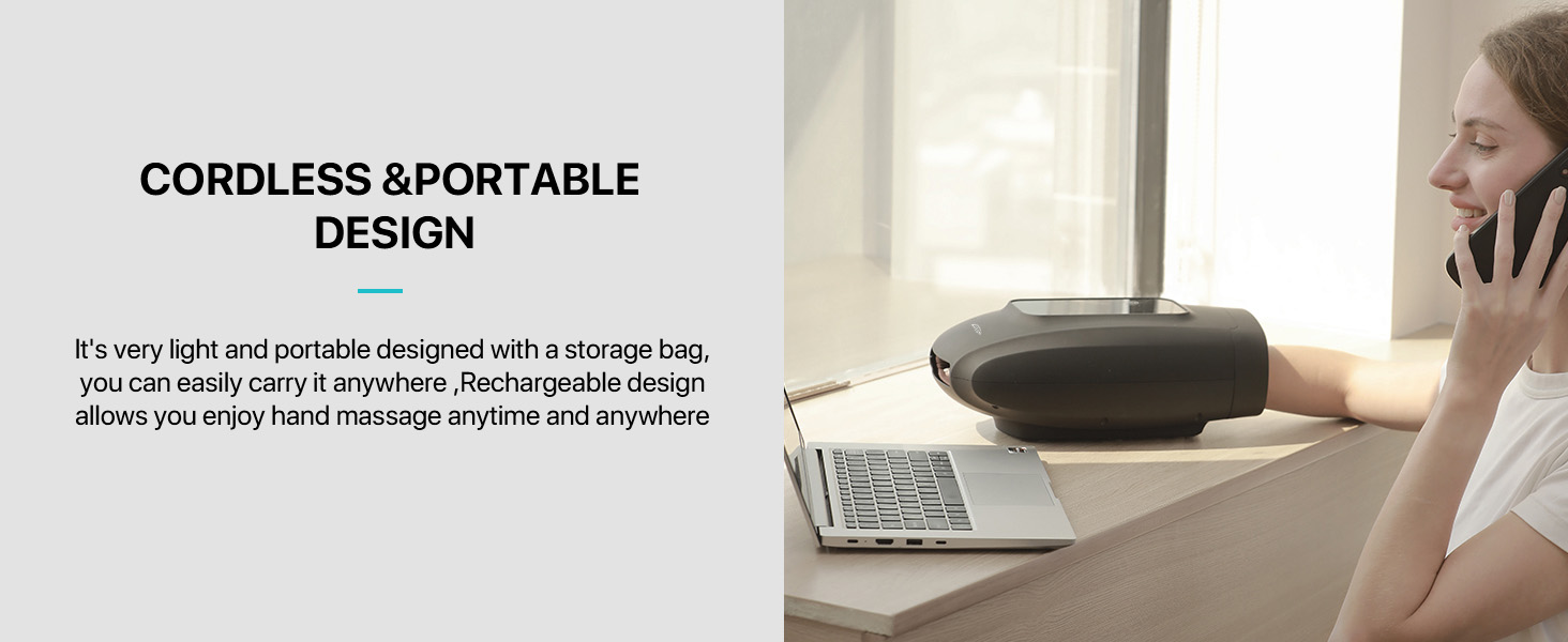 Portable electric hand massager for carpal tunnel relief, featuring rechargeable battery and compact design for convenient hand pain relief on the go