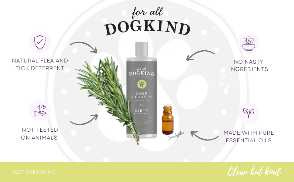 For All DogKind Deep Cleansing Dog Shampoo - Rosemary and Eucalyptus for Dirty Skin and Coats - Ideal for Muddy Adventures, Smelly Fox Poo, & Sensitive Skin - 97% Natural - 32-1 Dilutable - 250ml 12 cleansing