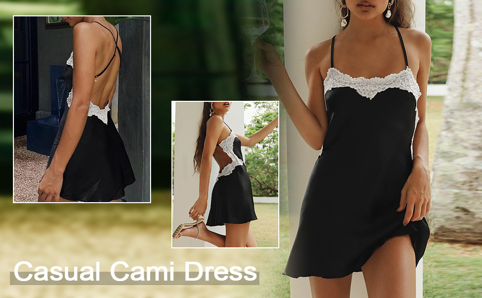 Women Sexy Satin Nightdress Spaghetti Strap Low Cut Backless Lace Mini Dress Clubwear