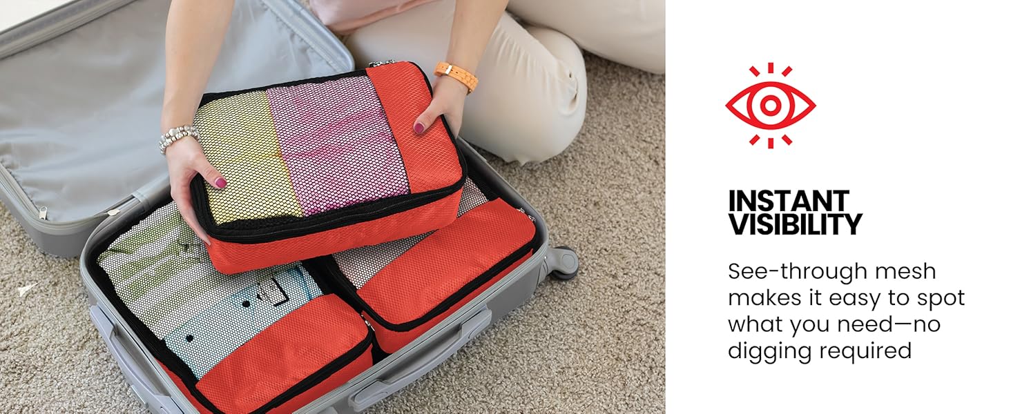 packing cubes, instant visibility, see through mesh