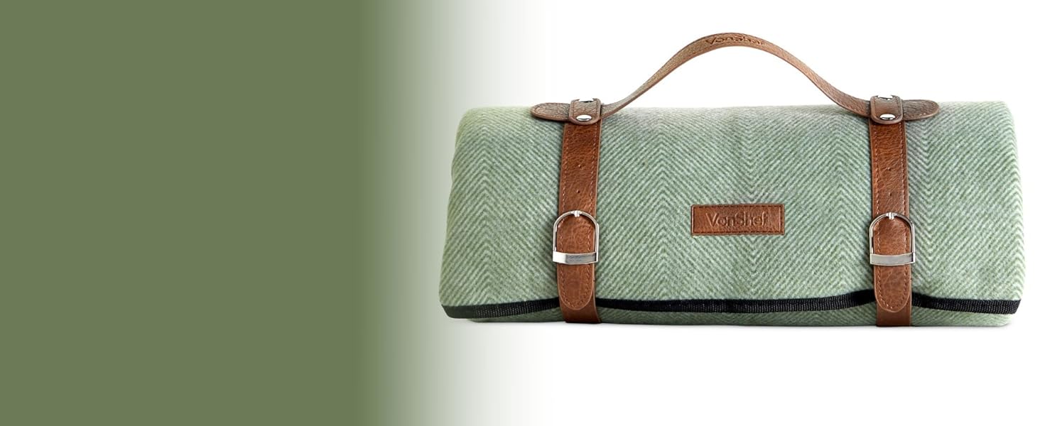 VonShef Picnic Blanket, Green Herringbone Outdoor Rug with Waterproof