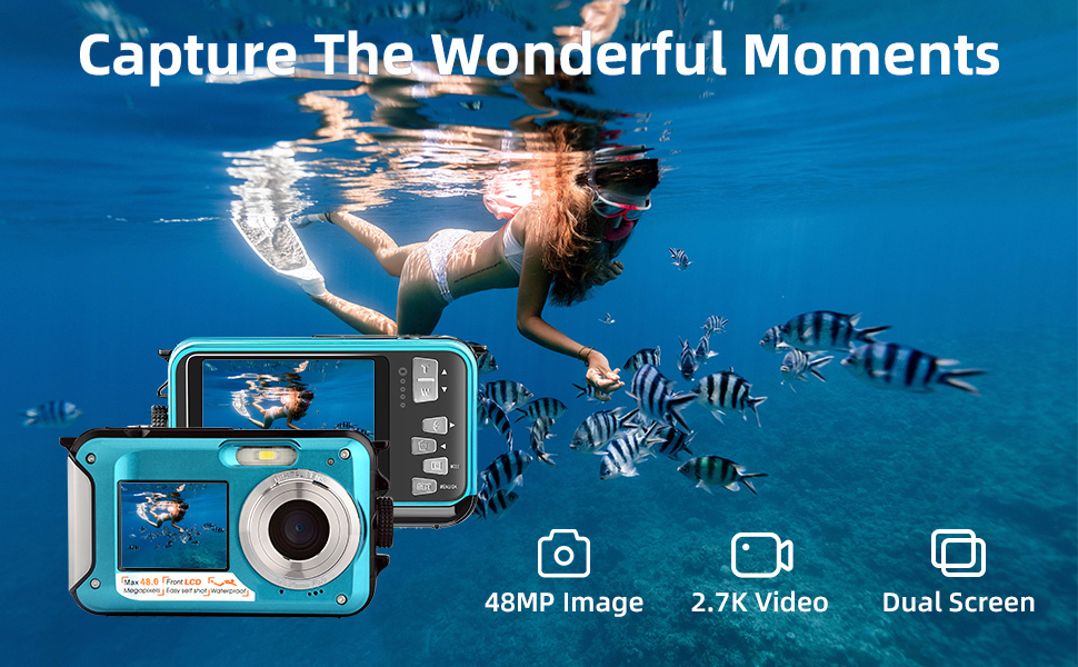 POSSRAB 13FT Underwater Camera, 48MP Photo 2.7K Video Waterproof Camera