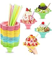 120 Pcs Colorful Flower Snow Cone Cups, 4 oz Plastic Snow Cone Bowls with Cone Spoon Straws, Flow...