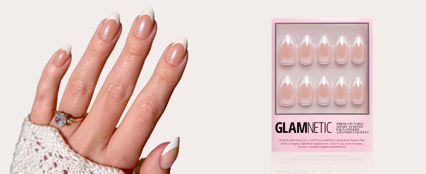 Short Almond Fake Nails with French Tips and Glossy Glazed Finish for Weddings, Reusable Kit Glue