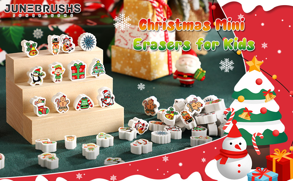 JUNEBRUSHS Christmas Mini Erasers, 65Pcs Cute Small Erasers