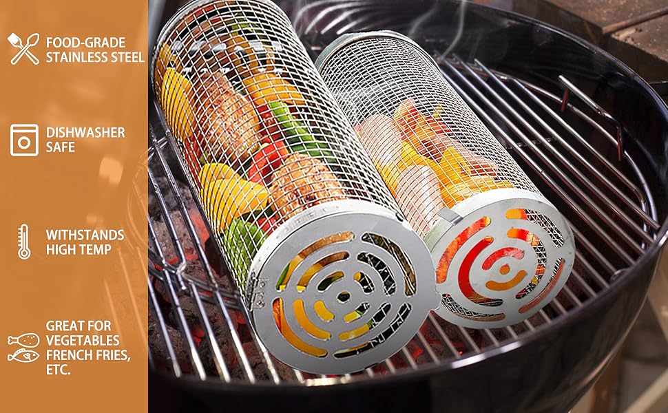 2Pcs Rolling Grilling Basket Stainless Steel BBQ Grill Basket with