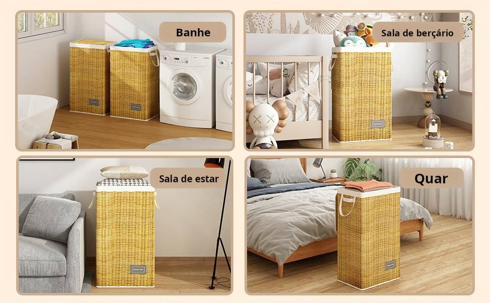 Cesto de Roupa Suja com Tampa, Saco Removível com Alça