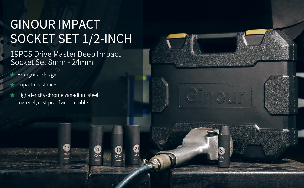 ginour 19PCS Drive Master Deep Impact Socket Set 1/2Inch, 8mm 24mm