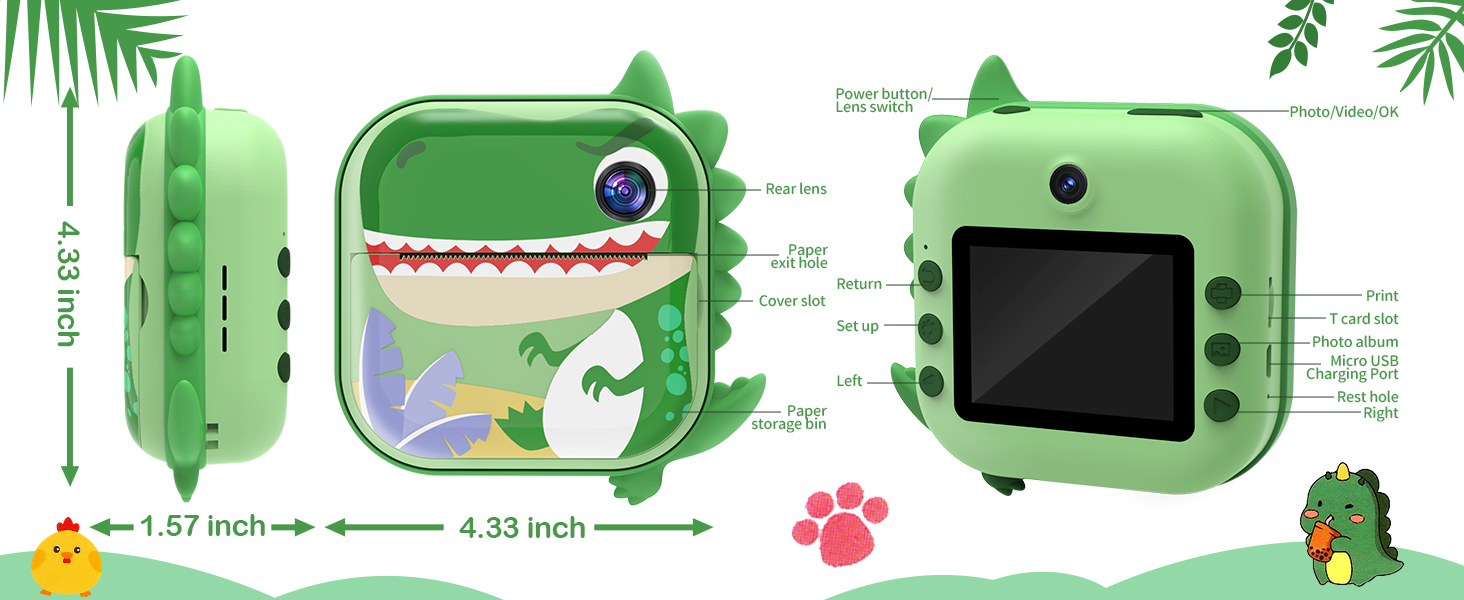 Skirfy Kids Camera Instant Print,Digital Camera for Kids with 5 Print Paper&32G TF Card&Reader,Dinosaur Selfie Camera with Color Pens&Stickers,48MP Video Camcorder with Lanyard,Gift for Boys Girls 15 dinosaur camera for boys