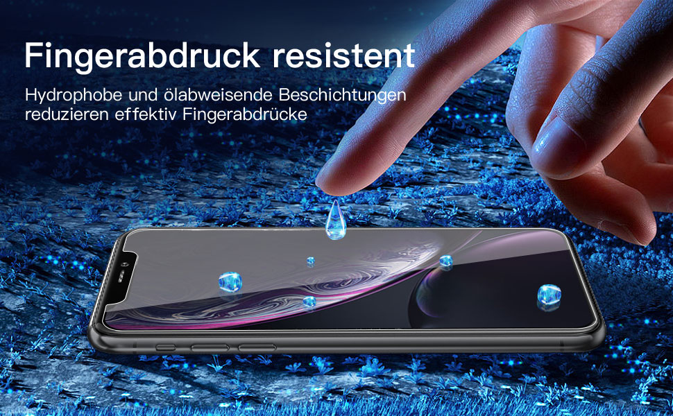 Smartphone-Bildschirm mit Wassertröpfchen, Finger darüber schweben. Text 'Fingerabdruckresistent' (fingerabdruckresistent