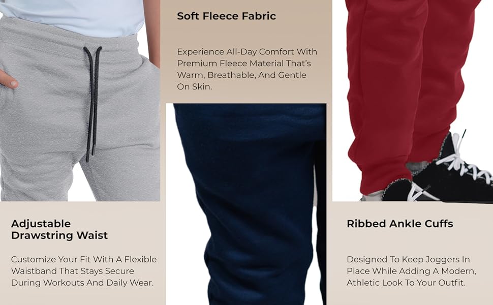 MONEY JONES ESSENTIALS Boys Sweatpants 3Pack - Fleece Joggers, Drawstring & Pockets, Slim Fit - Order 1 Size Up for Relax Fit 4 workout black grey sweats athletic gym track jogger jogging gray zipper para hombre