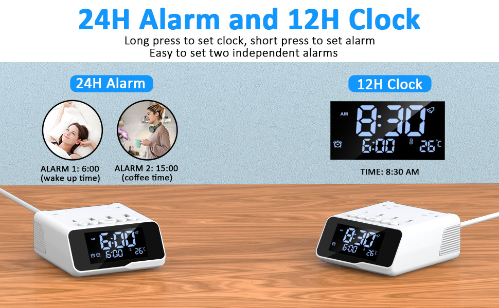 QBA Digital Alarm Clock with USB Ports, Power Strip Surge