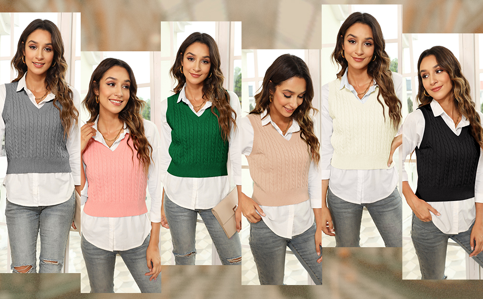 Women's Knited V-Neck Vest Argyle Plaid Preppy Style Sleeveless Pullover Crop Sweater Vest