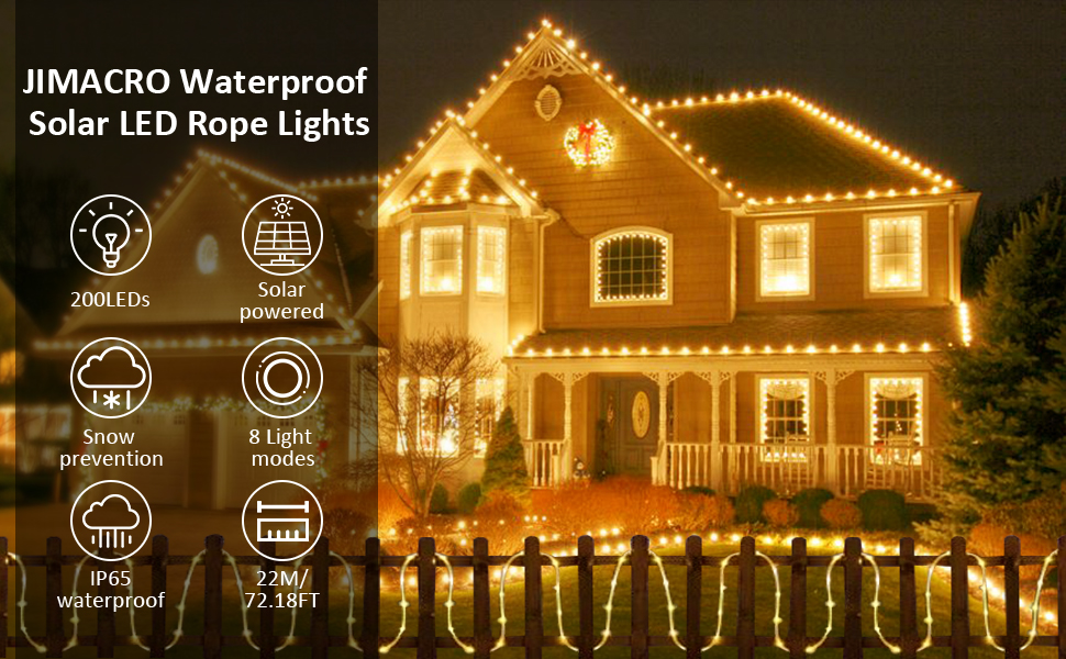 JIMACRO Outdoor Solar LED Rope Lights, IP65 Waterproof Rope Lights 22m
