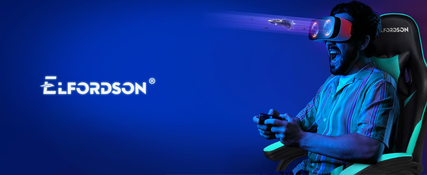 ELFORDSON Gaming Chair Lumbar Massage With Footrest, Cyan & Black 20 6-1