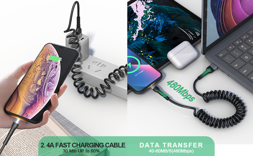 Coiled iPhone Lightning Cable Apple Carplay Cable MFi Certified, Retractable Apple Car Play Cord