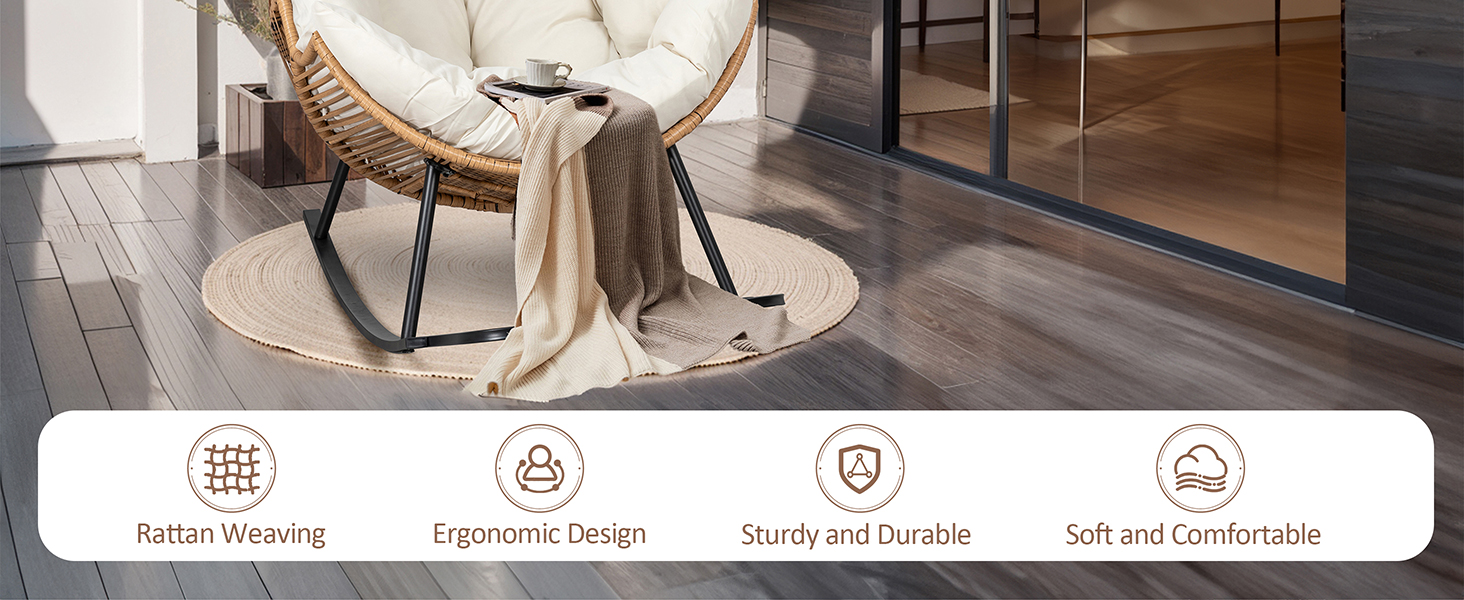 JAMFLY Egg Chair Outdoor Rocking Chairs, Wicker Patio Chair Oversized Lounger Chair with Cushion for Indoor Living Room Bedroom Outside Patio Backyard Balcony, Beige 10 Wicker Patio Chair