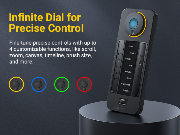 Text reads 'Infinite Dial' and 'Precise Control'. Dark interface display showing colored circular indicators and control elements with yellow and white text overlay.